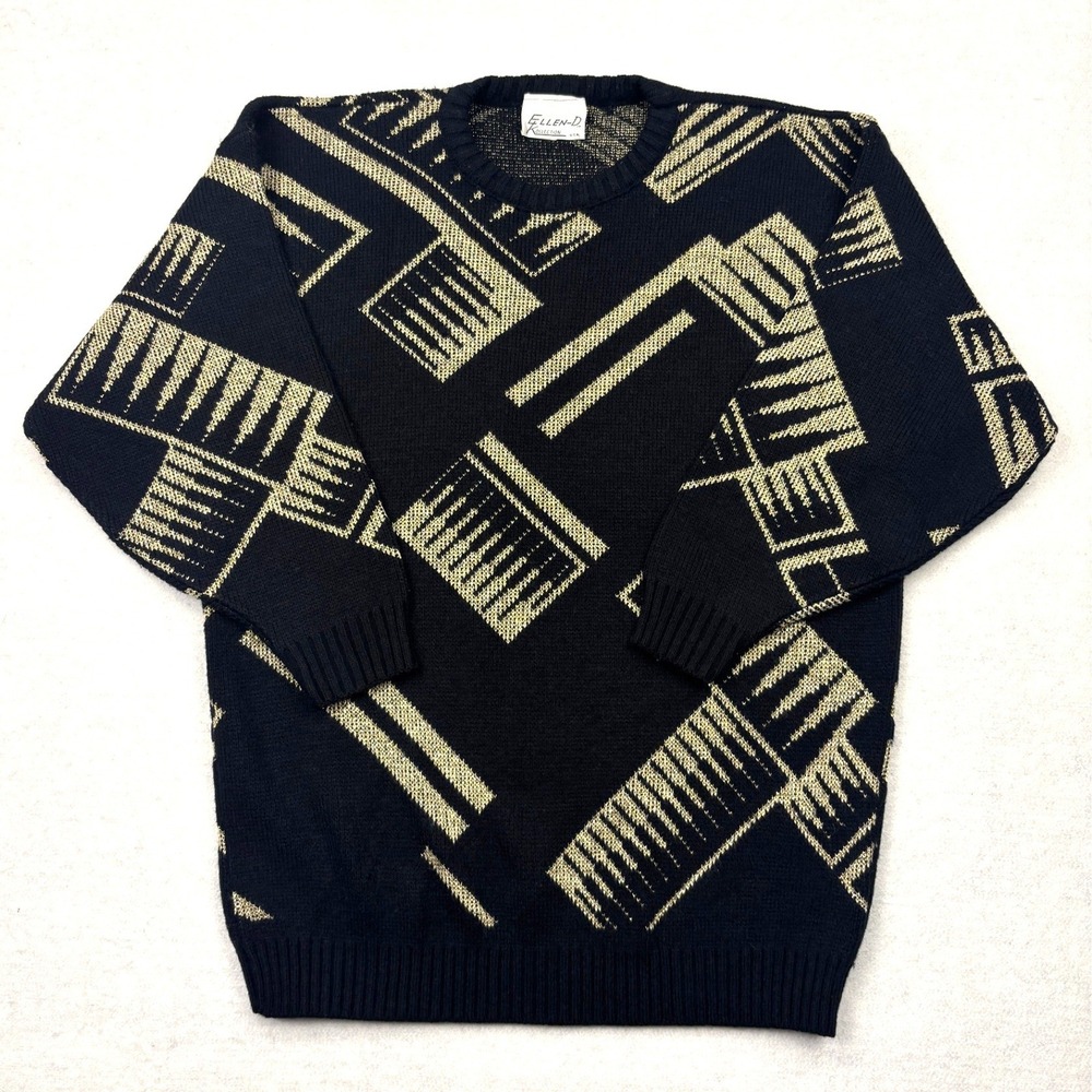 Vintage Ellen D Kollection Sweater Geometric Black‎ Metallic Gold Knit USA Made